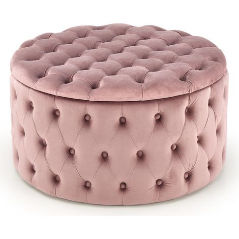 Pouf rond capitonné rose avec coffre 70cm Lydie (1/5)