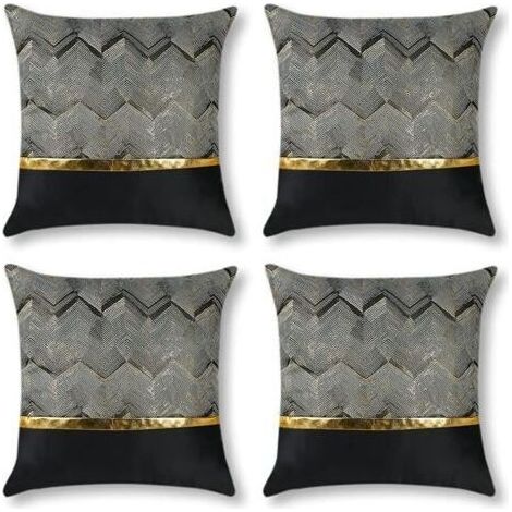 45x45cm Set de 4 (Noir) Housses de coussin Luxe Cuir Doré Couture Ondulé Stripe Taie D’oreiller Minimaliste Taies De Coussin Cuir Rayé Or Pour Lit Canapé Voiture Extérieur Canapé Décor Houss (1/5)