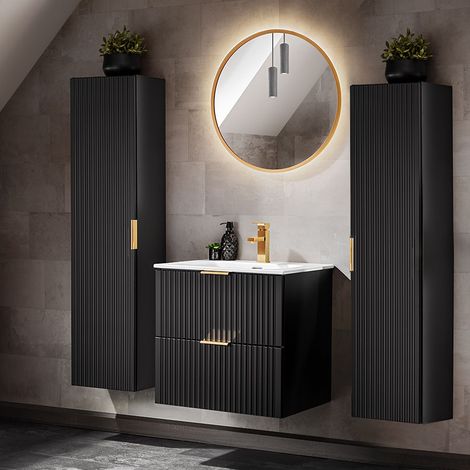 Badezimmer Möbel Set, 60cm Waschtisch mit Keramik Waschbecken, 2 Hochschränke, matt schwarz mit gerillter Front, ADELAIDE-56-BLACK, B/H/T ca. 160/200/46 cm (1/5)