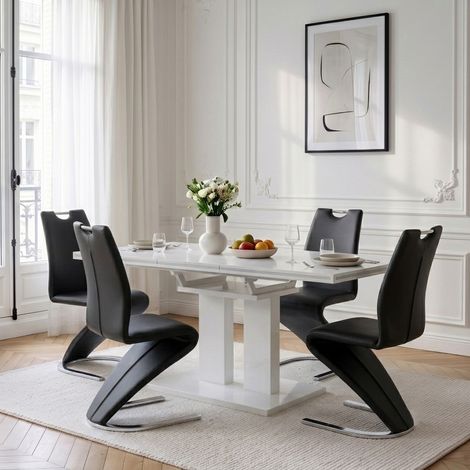 Ensemble de table à manger extensible, table à manger blanche brillante de 140 à 180 cm avec chaises, table de cuisine et de salle à manger moderne à piètement en colonne, idéale pour la salle à mange (1/5)