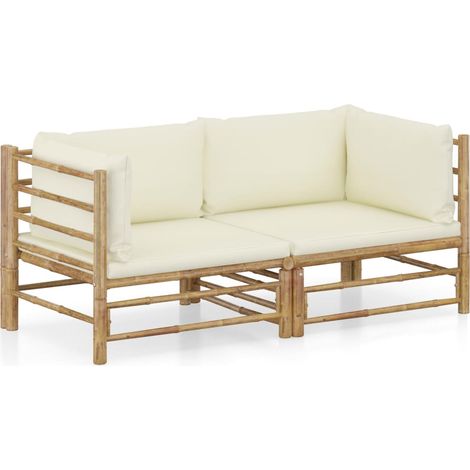 2-tlg. Garten-Lounge-Set mit Cremeweißen Kissen Bambus