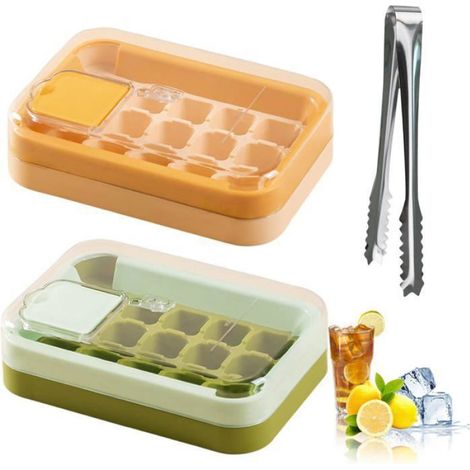 Lot de 2 bacs à glaçons avec couvercles - Petits bacs à glaçons en plastique - Jaune/Vert - Bacs à glaçons réutilisables -