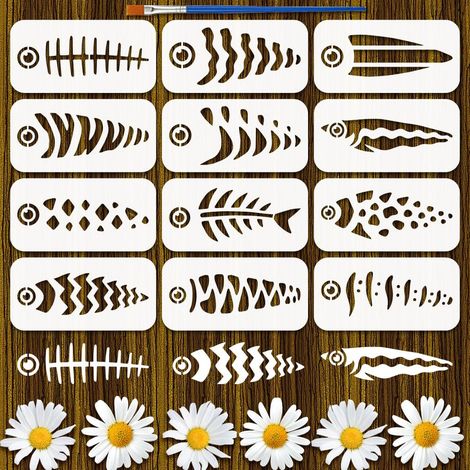 12Pcs Pochoirs à Motifs de Poisson Avec Pinceau 20x10cm Pochoirs de Peinture en Arêtes de Poisson Pochoir en Pet Motifs Animaux pour Bois Mur Tissu Meubles Décoration D'Intérieur (1/5)