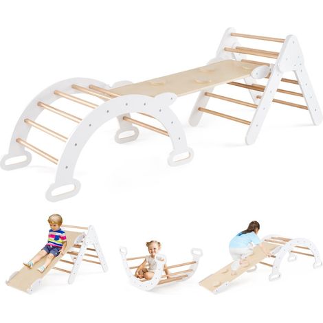 Set de triángulo de escalada 7 en 1 y rampa multifuncional 75 x 55 x 64 cm Desarrollo motor creativo Madera blanca natural 200009982
