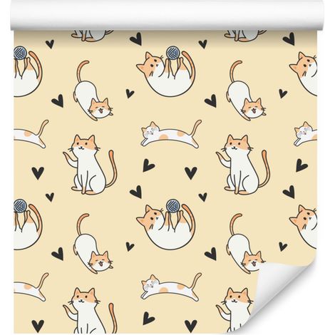 Papier peint crème et beige à motifs de chats pour salon et chambre 50x1000 cm (1/5)