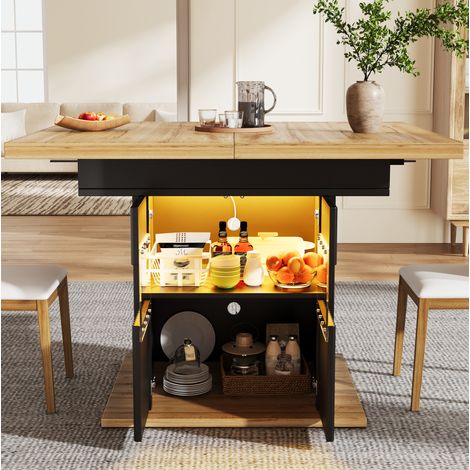 Mesa de comedor extensible con almacenaje y LED, 110-140 x 80 x 76 cm, negra HAVRYA (1/5)