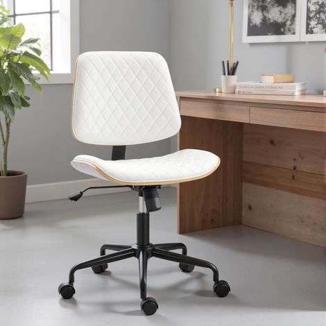 Chaise de bureau blanche pivotante sans accoudoirs avec siège en U à dossier courbé, hauteur ajustable, inclinaison