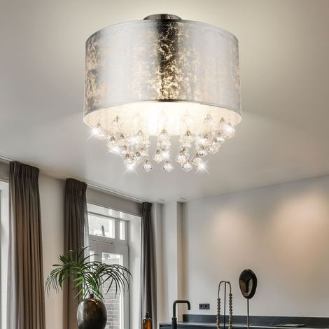 Deckenleuchte Kristallbehang Kristallleuchte Esszimmer Deckenlampe Kristalle, Blattsilber, Metall, 1x E27, DxH 30x31 cm