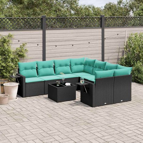 9-teiliges Gartensofa-Set mit Kissen, schwarzes Polyrattan (1/5)