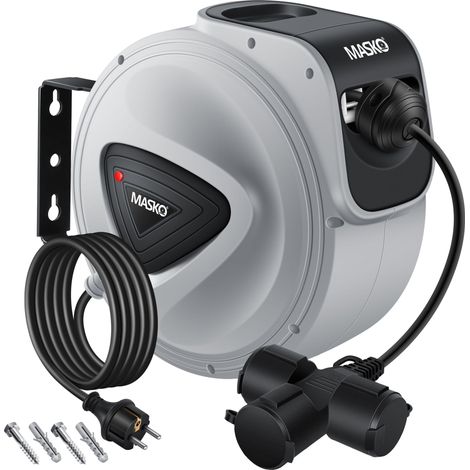 MASKO® Automatik Kabeltrommel Verlängerungskabel mit 3-Fach Anschluss 180° drehbar 1.5m Zuleitung Wandhalterung Werkstatt Kabelaufroller Automatisch Grau / Schwarz / 20M (1/5)