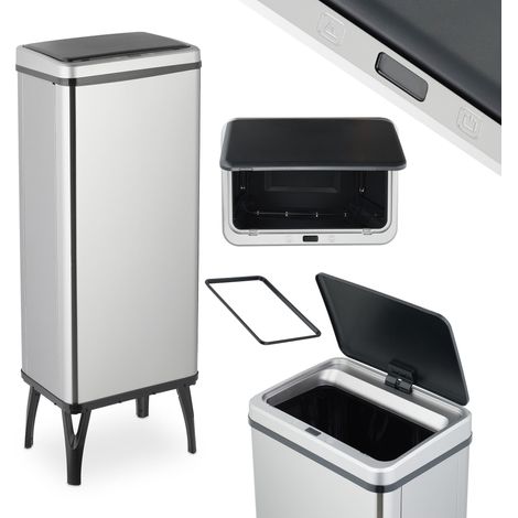 Relaxdays Cubo de Basura Cocina Sensor, 60L, Tapa Eléctrica, Soporte Bolsas, Papelera Automática Acero Inoxidable, Plata
