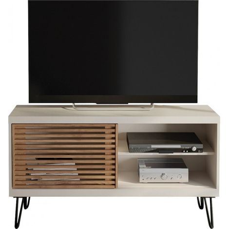 Beaux Meubles Pas Chers – Meuble TV 120 cm pour TV 50 pouces – 1 porte coulissante à persiennes – 3 niches – Pieds métal – Finition blanc écru + chêne (1/5)