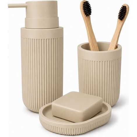 Relaxdays Set 3 accessori da bagno: dispenser riempibile, porta sapone e bicchiere, poliresina (1/5)