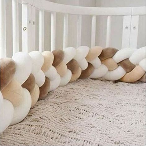 Bricoomarket – Tour de lit bébé coussin serpent tressé en velours – Protection douce – Longueur 2m – Décoratif et confortable – Couleurs blanc, kaki, marron