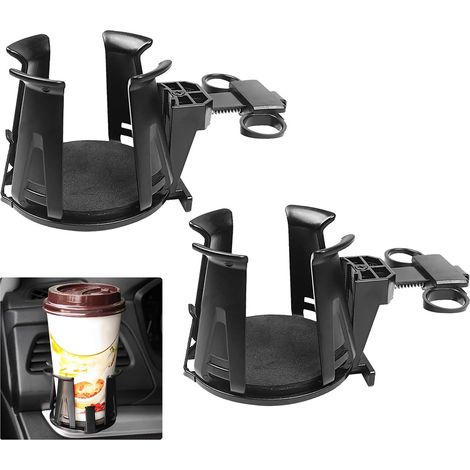 Juego de 2 portavasos ajustables para rejillas de ventilación – compatibles con botellas, se integran con el cenicero del coche. (1/5)