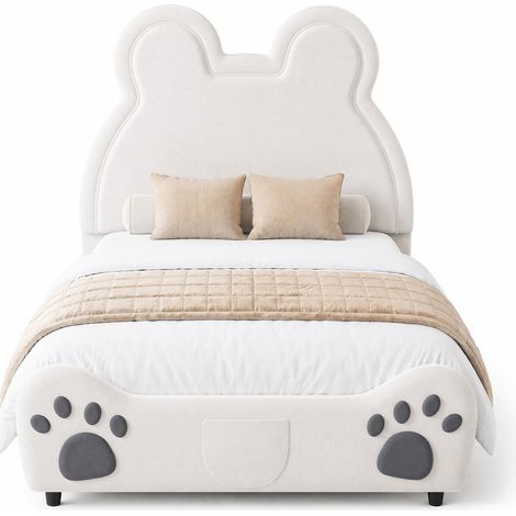Lit Enfant 90×200 cm, Lit Simple Rembourré Forme Ours, sans Matelas, Tissu Velours, Blanc (1/5)