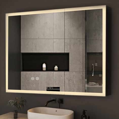 80x60 cm Spiegelschrank Bad mit Beleuchtung Schwarz LED Spiegelschrank mit Beleuchtung Badspiegel Schwarz Badschrank Hängeschränke mit 3 Einstellbare Lichtfarben Beschlagfrei