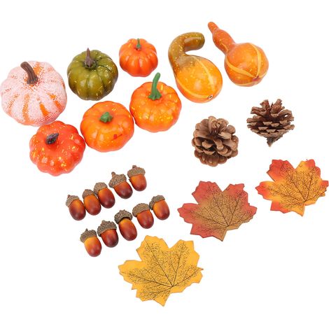 Ensemble de 50 décorations d'automne : citrouilles, 30 feuilles d'érable, 10 glands, 2 pommes de pin, 8 citrouilles artificielles, courges et feuilles d'automne. (1/5)