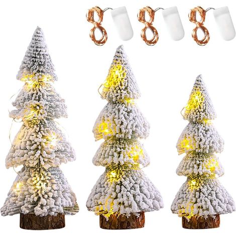Künstlicher Miniatur-Weihnachtsbaum, 3-teiliges Mini-Weihnachtsbaum-Set mit Holzsockel, künstlicher Miniaturbaum mit Schneeeffekt, kleiner Weihnachtsbaum für Weihnachten, Partys und Tischdekoration (W (1/5)