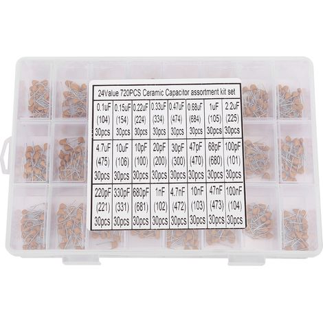 Kit assortiment de 24 types de condensateurs céramiques 720 pièces, 0.1µF à 100nF, 50V, avec boîte de rangement (1/5)