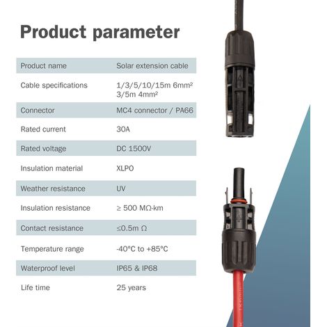 CAVI E ADATTATORI Digitus DIGITUS Prolunga cavo solare 15 m, 6 mm connessione MC4, cavo FV 1500 V DC, resistente ai raggi UV e alle intemperie, 2 cavi, 1x nero, 1x rosso
