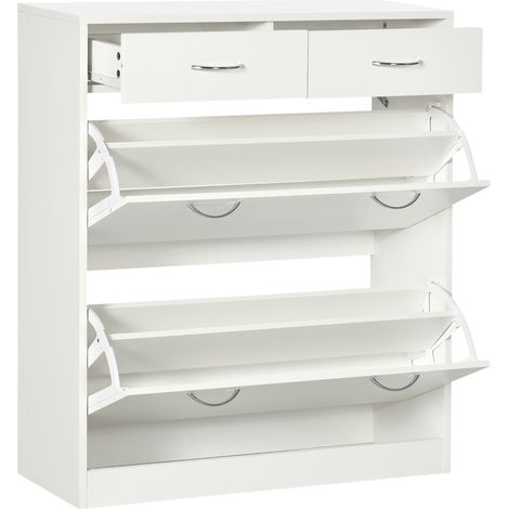 Narrow White Shoe Storage Cabinet with 2 Flip Drawers and Adjustable Shelves for Organizing 12 Pairs