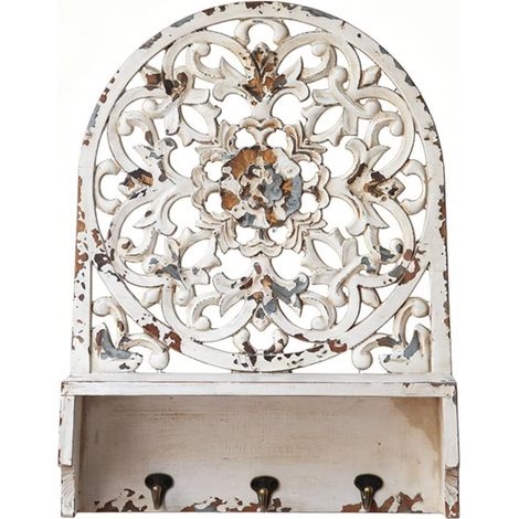 Vintage Wall Shelf, Hanging Shelf, Key Holder, Coat Rack, Decorative Hook in Composite Panel, French Style with Floral Decoration, Suitable for Entryway, Hallway, Studio, 40cm×53cm×13cm (1/5)