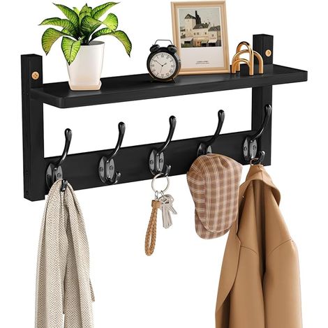 VASMIA Wall Mounted Coat Rack with Shelf, Bamboo Wall Shelf with Hooks, Coat Rack for Entryway, Bathroom, Living Room, Bedroom, Black (1/5)