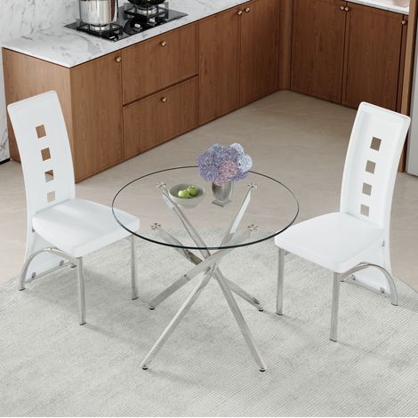 REDOM Conjunto de mesa y 2 sillas de comedor 88x88x75 cm, vidrio templado, respaldo perforado, metal y PU, transparente blanco (1/5)