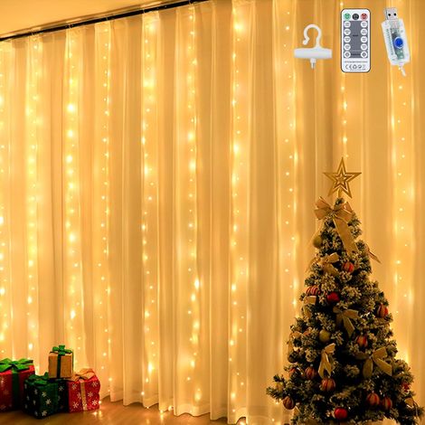 Vorhang-Lichterkette, 3 x 3 m, USB-Lichterkette, 300 LEDs, 8 warmweiße Beleuchtungsmodi, Fensterdekoration, Weihnachten, Hochzeit, Geburtstag, Zuhause, Terrasse, wasserdicht IP65 mit Haken (1/5)