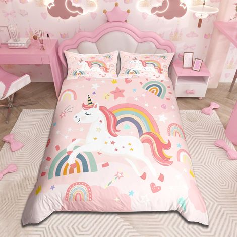 Parure de lit douce et respirante avec housse de couette 135 x 200 cm, motif licorne, arc-en-ciel, pour enfant fille (1/5)