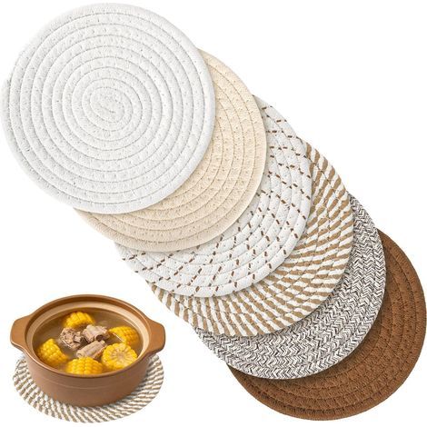 Set di 6 sottopentola resistenti al calore, in filato di cotone intrecciato, rotondi e isolanti, da 18 cm, ideali per piatti, pentole e padelle. (1/5)