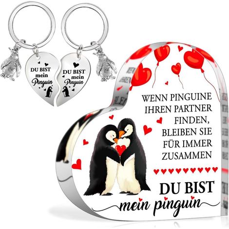 Pinguin Geschenkset: Herz Acryl Deko & Schlüsselanhänger für Paare (1/5)