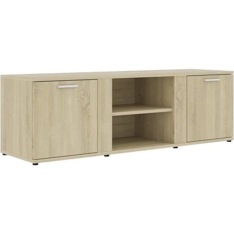 Meuble TV 2 portes 2 niches bois chêne clair Syllo 120cm (1/3)
