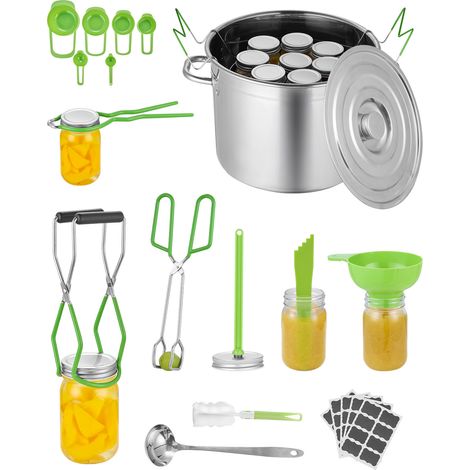 VEVOR Kit di Base per Forniture per Inscatolamento 11 PZ Set per Conservazione Domestica, Pentola, Griglia, Coperchio, Mestolo, Imbuto, Pinze, Sollevatore per Barattoli, Chiave Inglese, Misurino