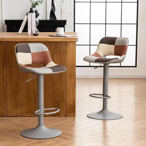 Barhocker 2er Set, höhenverstellbar, drehbar, Patchwork-Design, Grau Beige (1/5)