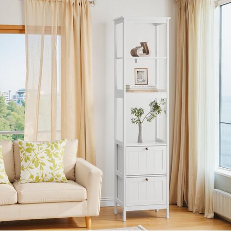 Mueble de baño alto estrecho moderno blanco de MDF 40 x 30 x 160 cm con 2 cajones y 3 estantes abiertos (1/5)