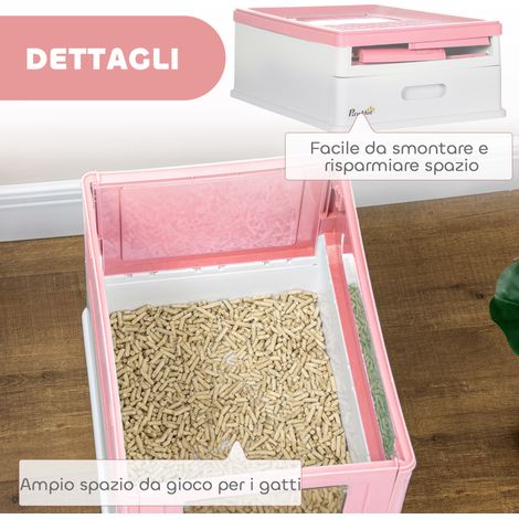 Litière fermée pour chat en PP, 2 portes avec pelle et tiroir démontable, dimensions 47,5×35,5×36,7 cm, rose et blanc (1/5)