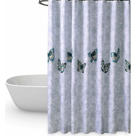 Shower Curtain, 80 x 180 cm Waterproof, Mildew-proof, Antibacterial, Odorless, Polyester Hooks, Bathroom Curtains, Butterfly Pattern MUMU (1/4)