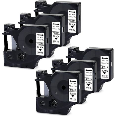 6er-Pack Etikettenbänder kompatibel mit Dymo D1 45013 S0720530 45013s für Dymo LabelManager 160 100 150 120P 200 280 220P, 12 mm x 7 m (Schwarz auf Weiß) (1/5)