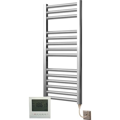 Extra High Heat Output Chrome Electric Towel Rail 400 x 800mm Flat Bathroom Radiator Heater + 7 Day Timer/Thermostat
