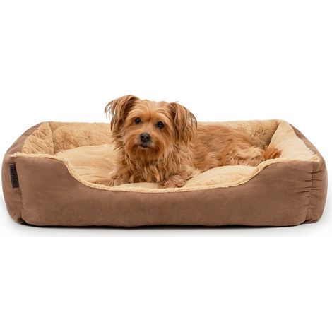 lionto Hundebett, weiches Kuschelbett mit herausnehmbarem Wendekissen & Anti-Rutsch-Boden, 75x60 cm, braun/beige