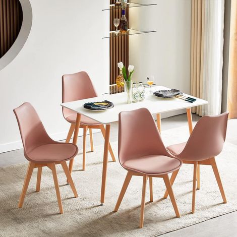 Essgruppe Esstisch 110cm mit 4 Stühlen, Rechteckig, Weiß/Rauchrosa (1/5)