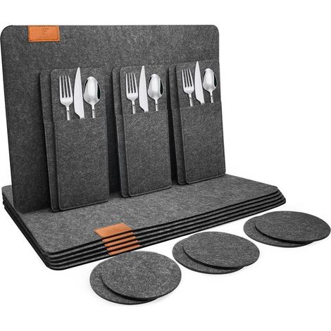 Platzsets aus Filz 18er Set, abwaschbar, hitzebeständig, mit Untersetzern und Bestecksäcken, Anthrazit (1/5)