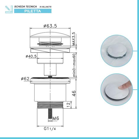 Piletta di scarico click clack universale bianco lucido con e senza troppopieno