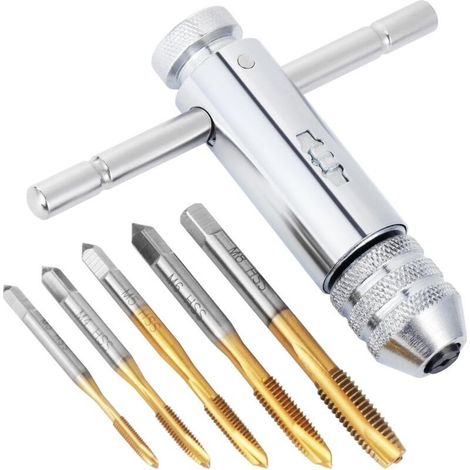 Tarauds et Filières Tourne Coffret Taraud,Tarauds à main, Cliquet Réglable Clé pour Porte-taraud à Poignée en T HSS M3 M4 M5 M6 M8 Métrique Outils de Filetage (1/4)