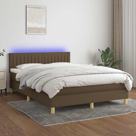 Cama box spring colchón luces LED tela marrón oscuro 140x190 cm (1/5)
