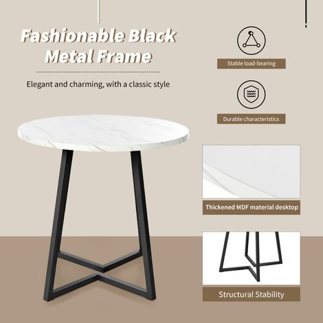 Table ronde à manger (1 pièce), table de cuisine avec piètement métallique unique, table en marbre effet moderne, idéale pour salle à manger et salon, blanc/noir (1/5)