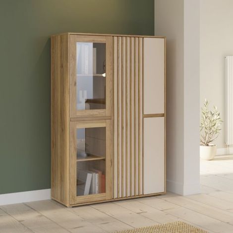 Vetrina Neutra Rovere e Cashmere con Ante in Vetro Temperato e Dettagli Cannettati