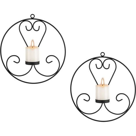 Round Wall Mounted Pillar Candle Holders - Black Metal Decorative Candle Holders Set of 2 Candlestick Holders for Walls Candlestick Holder for Living Room Bedroom Dining Room Decor